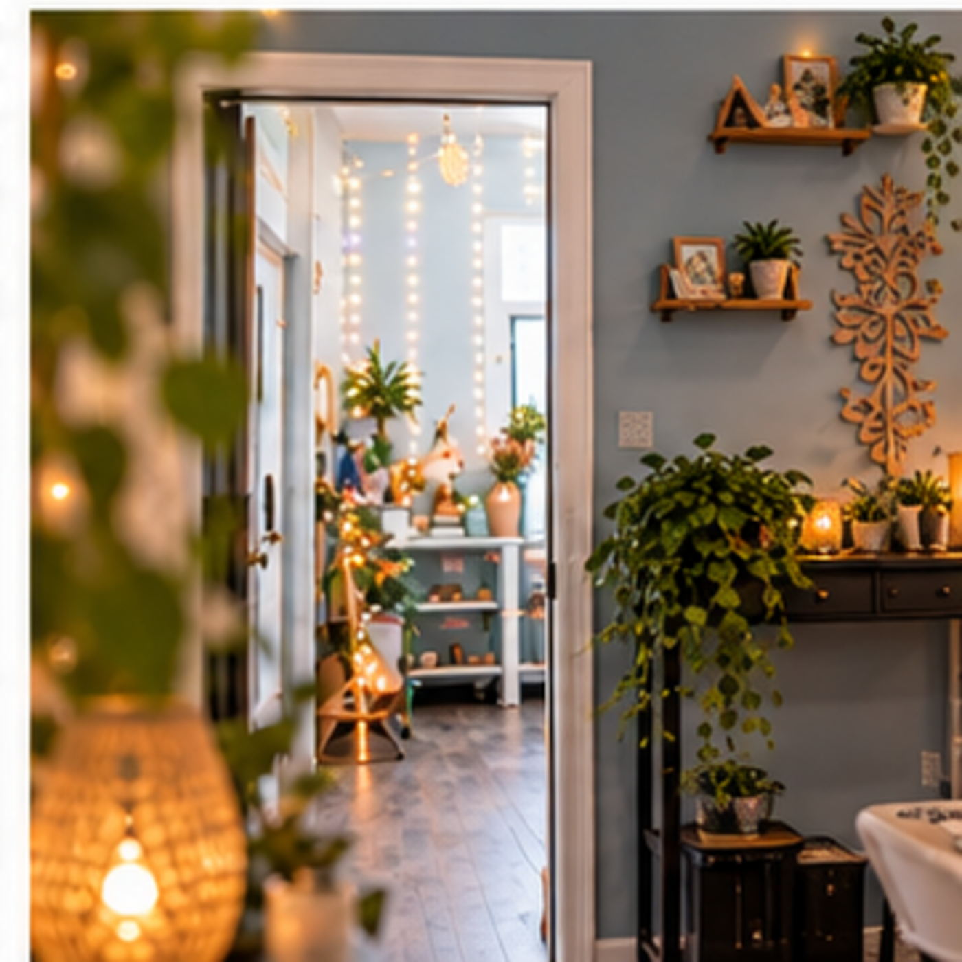 Warm studio interior with plants, shelving, and string lights glowing through a doorway