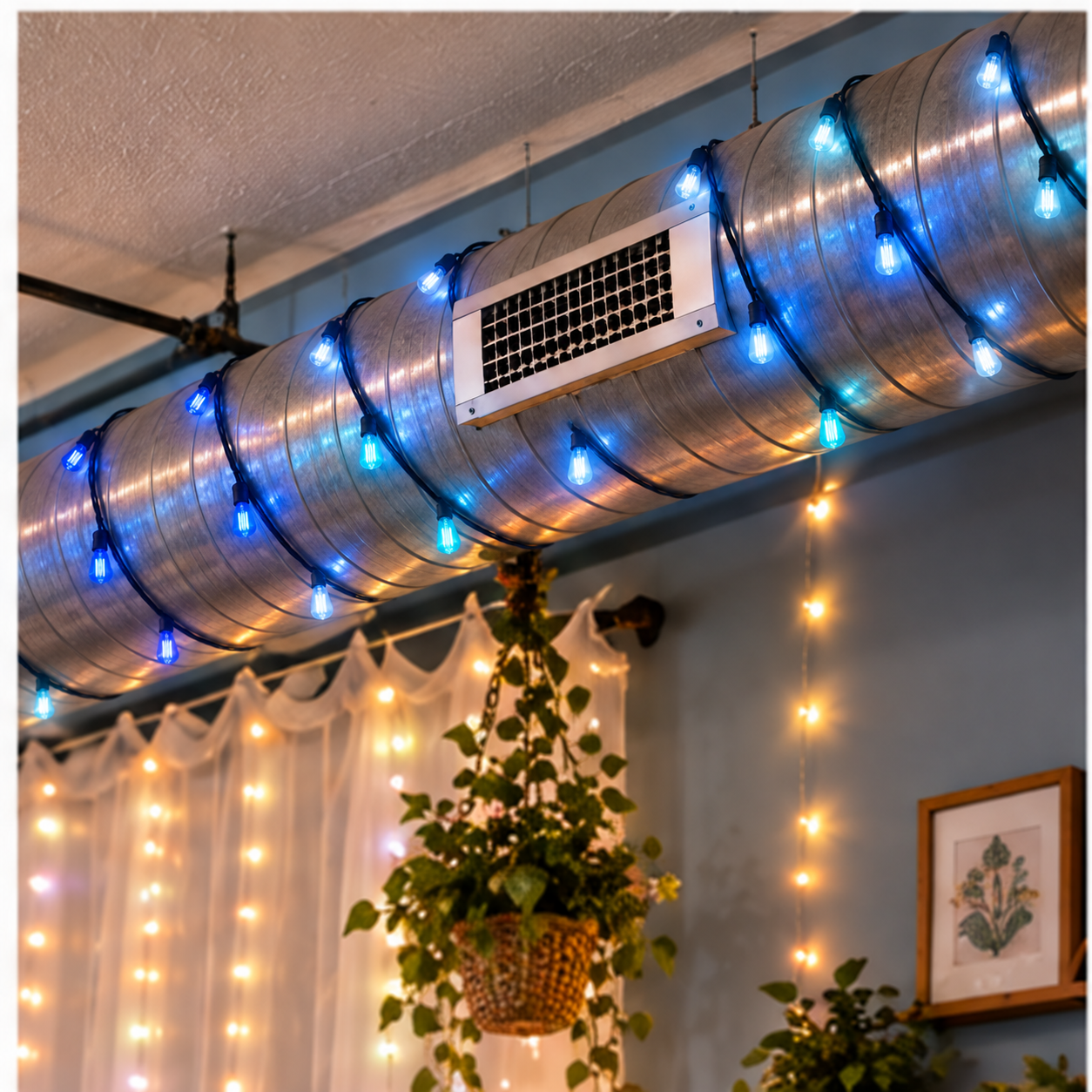 Industrial ductwork wrapped in blue and warm string lights above sheer curtains